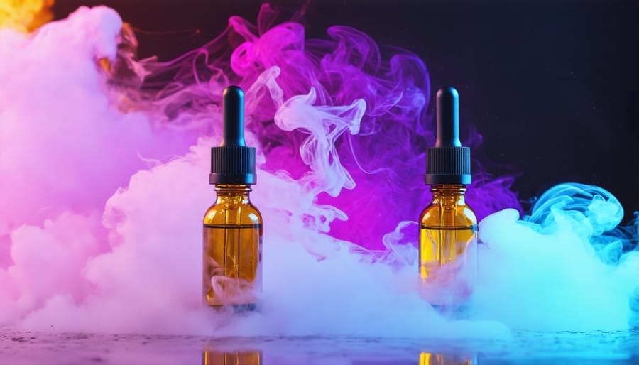 CBD vape device and bottles arranged with calculator and smartphone showing costs