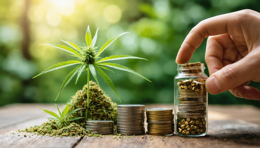 Person reviewing financial documents and loan information at home with CBD vape device on table