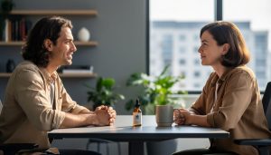 Eye-level view of two coworkers talking at a small office table with a small amber CBD tincture bottle and a mug between them, soft natural window light, background shelves and plants softly blurred, no visible text or logos