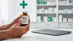 Hands holding a small amber medical cannabis bottle next to a laptop on a clean desk in a calm, healthcare-like setting.
