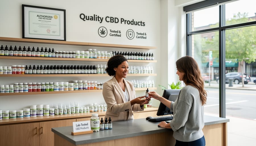 Person selecting generic CBD products from a clean indoor shelf with unreadable packaging