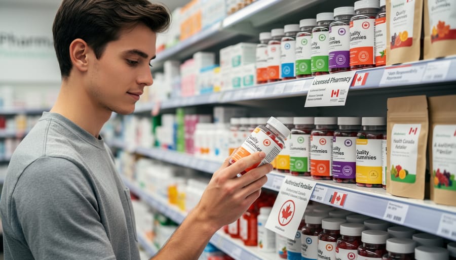 Person holding a sealed gummy bottle in front of a modern storefront with blurred street background