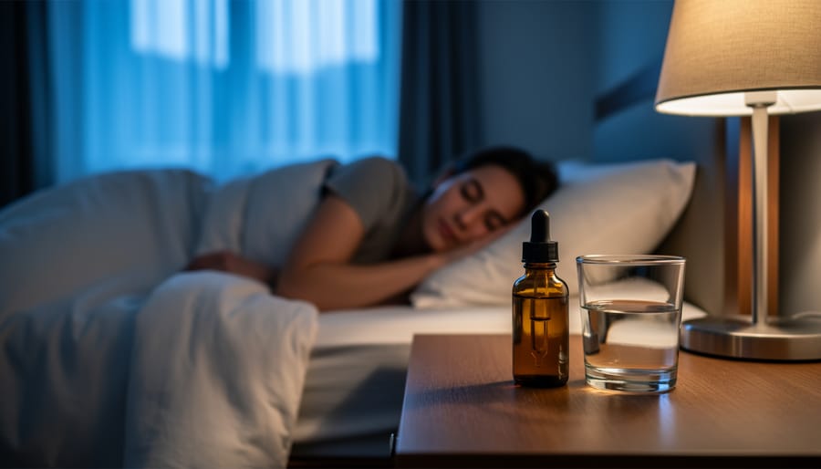 Dropper bottles and gummies on a bedside table with warm lamp lighting