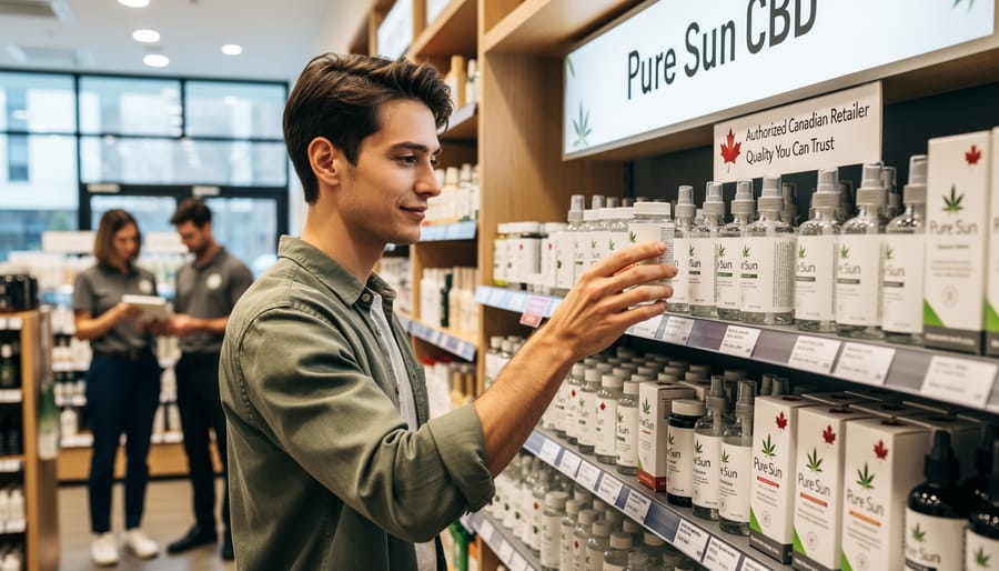 Person placing a pre-roll product into a shopping bag at the entrance of a cannabis retail store
