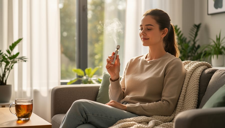 Person holding a CBD vape device in a calm indoor setting