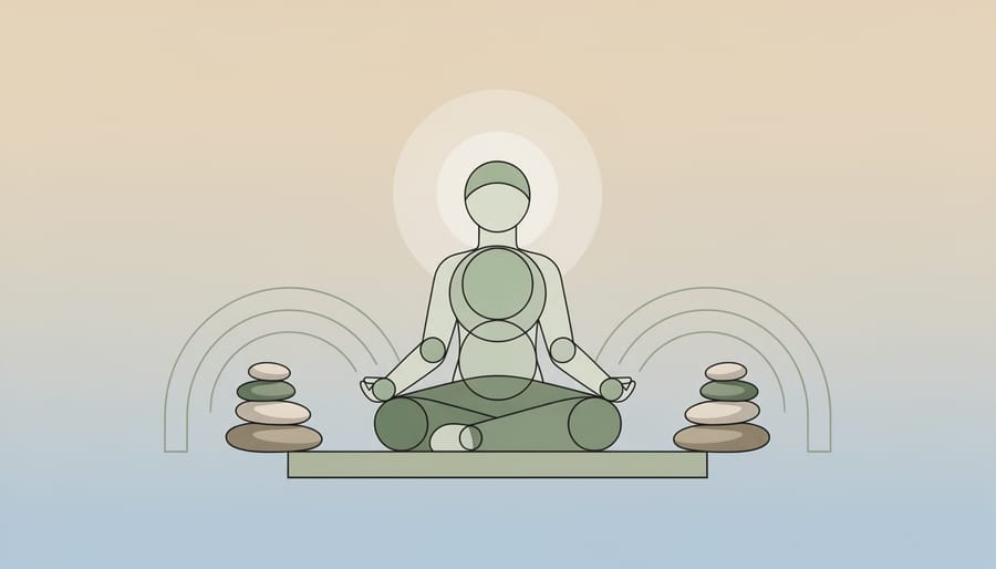 Person practicing calm breathing with eyes closed in a softly lit indoor setting