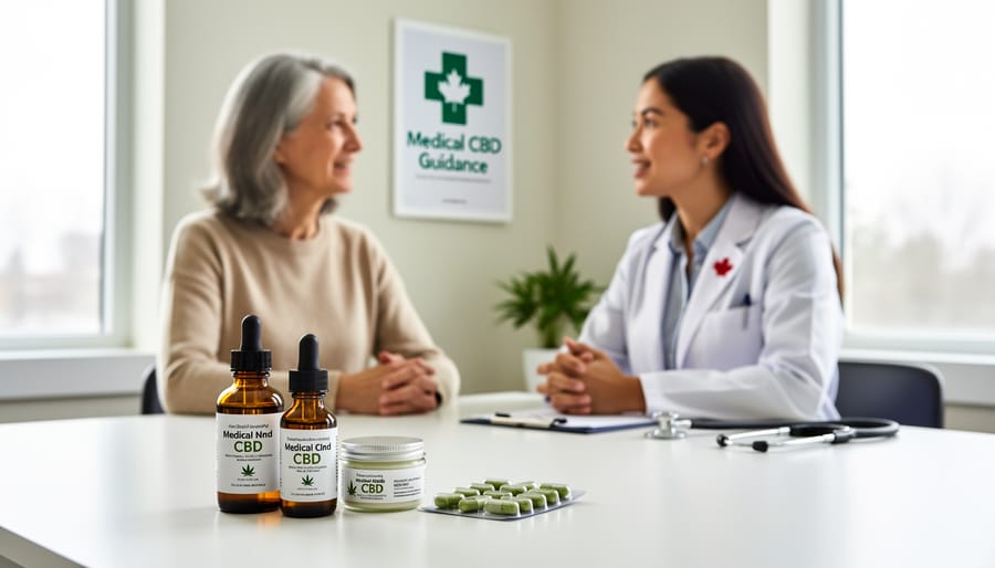 Person holding unbranded generic CBD product containers in a clinic setting