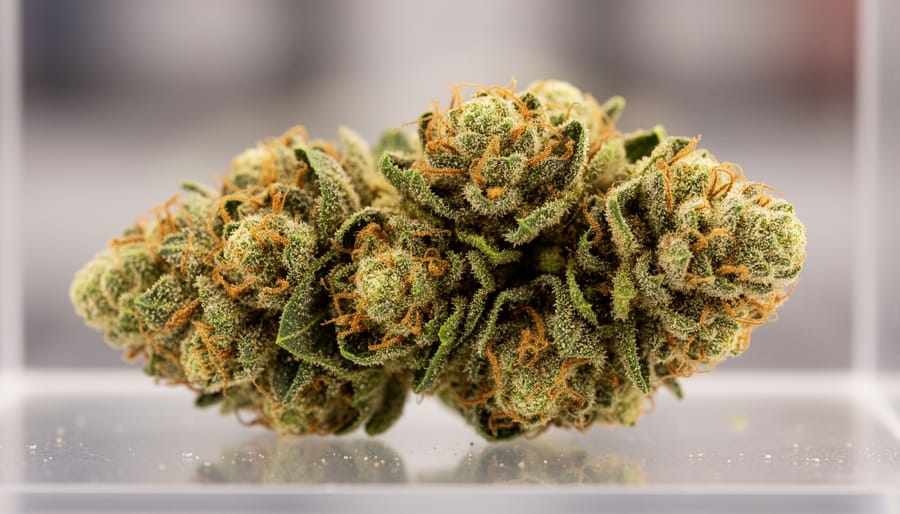 Close-up of cannabis buds and a small glass jar on a wooden tray under soft daylight