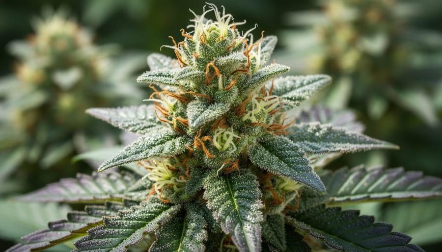 Macro close-up of cannabis buds with visible trichomes under soft natural light