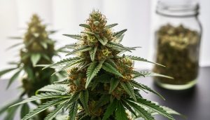 Close-up of cannabis buds with sparkling resin trichomes in soft natural light, with blurred herbal context in the background.