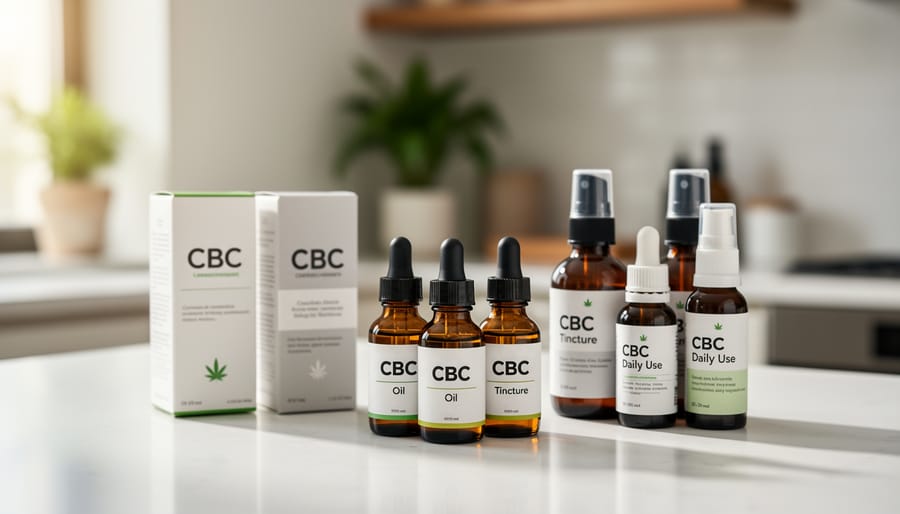 Hands holding a cannabis-derived oil dropper bottle on a kitchen countertop