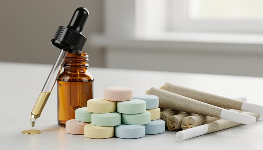 Assorted generic CBD product formats including an amber oil dropper, lozenges, and pre-rolls on a light stone surface