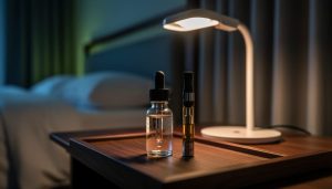 “A CBN nighttime sleep product scene on a bedside tray with a warm glowing lamp and blurred bedroom background.”