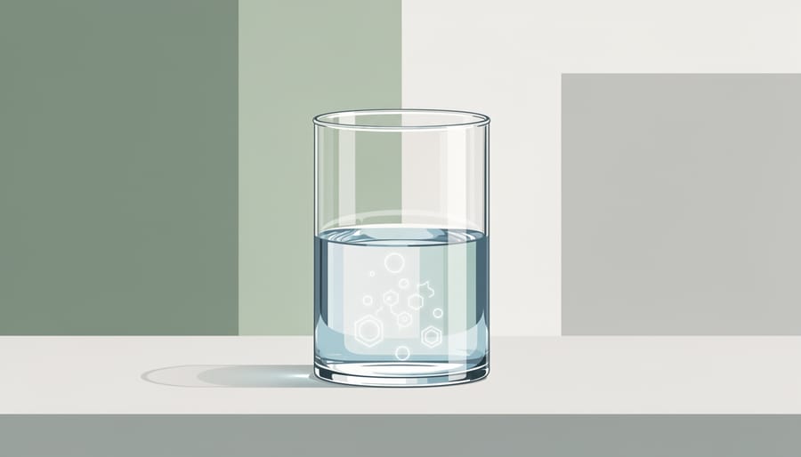 Close-up of a clear glass of water with a dropper bottle beside it