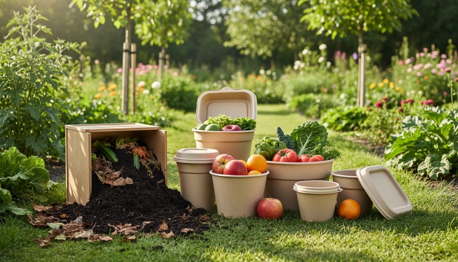 Eco-focused outdoor scene showing compostable packaging materials near leaves and a small herb plant