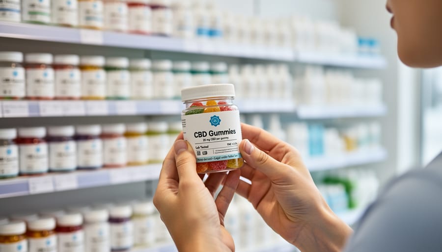 Close-up of hands holding a CBD gummy bottle with gummies on a spoon in a kitchen