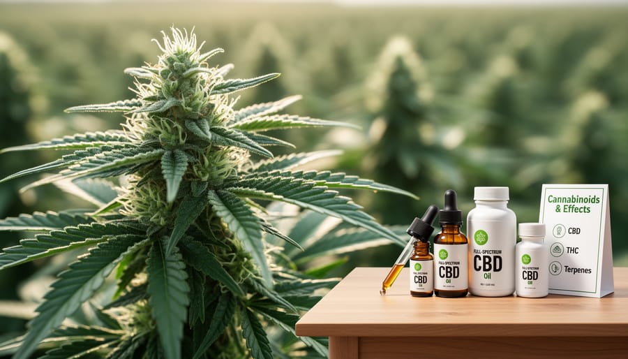 Hemp leaves and a cannabis flower bud on a wooden tabletop in natural light