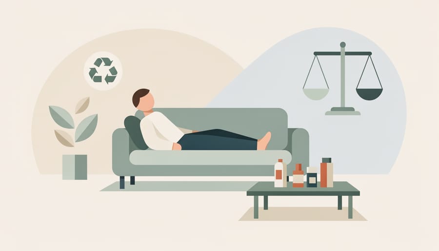 Person relaxing and stretching gently at home in warm sunlight
