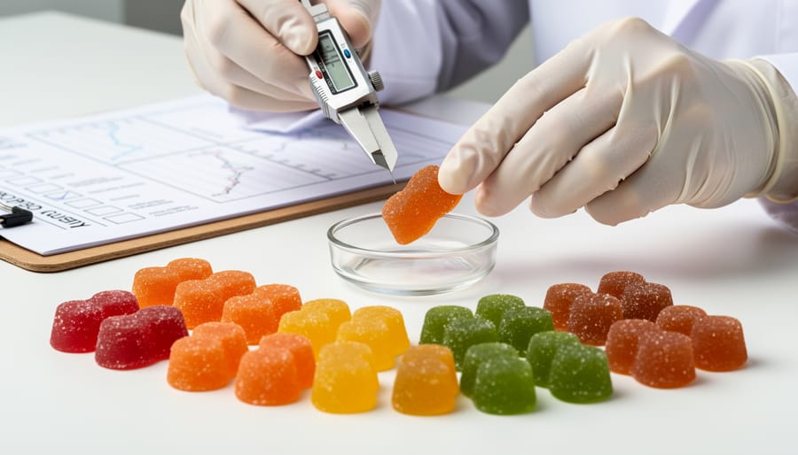 Macro view of CBD gummies on a wooden surface