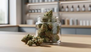 Close-up of dried cannabis buds in a glass jar on a wooden surface with softly blurred retail background, representing Pure Sun CBD availability in Canada.