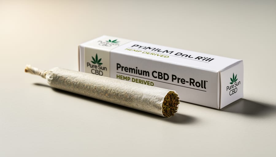 Close-up macro photo of a cannabis pre-roll next to a 10-pack container on a white ceramic surface