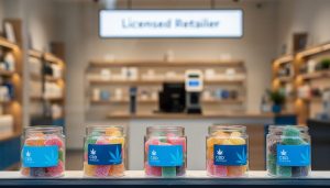 View of CBD gummy containers on display inside a Canadian licensed cannabis retail store, with the storefront and shelves softly blurred in the background.