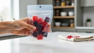 Close-up of a hand holding mixed berry-colored CBD gummies on a kitchen counter with softly blurred Canadian home background.