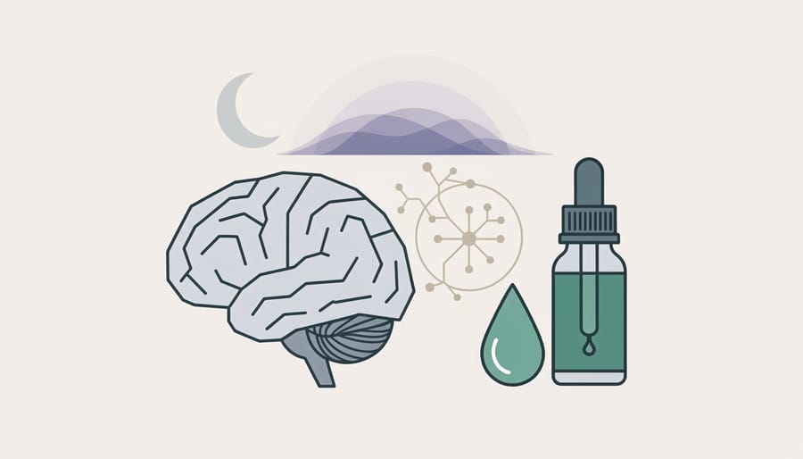 Amber CBD oil dropper bottle placed beside a translucent brain model on a wooden desk