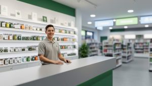 Bright interior of a BC cannabis retail store with a staff member behind the counter and neatly stocked product displays in the background.