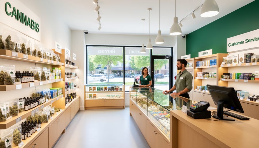 Bright, modern cannabis store interior with checkout counter and product display cases