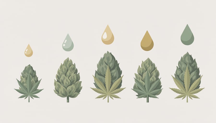 Cannabis flower buds and a tincture dropper with visible droplets on a dark slate surface.