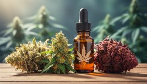 Close-up of three CBD hemp flower buds on a wooden surface with an amber dropper bottle and a faint leaf shape, photographed in soft natural light.
