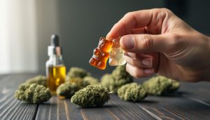 Close-up of a hand holding two cannabis gummies with blurred cannabis buds and a small dropper bottle in the background, representing CBD and THC interplay.