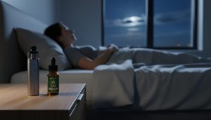 Moonlit bedroom with CBD vape device and CBD oil vial on a nightstand beside a person sleeping in bed, suggesting the article’s focus on REM sleep and CBD use.