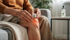 Older adult applying CBD balm to an aching knee with a CBD oil dropper bottle blurred in the background