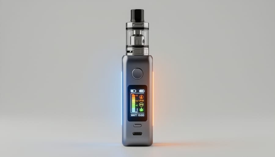CBD vape pen and coil placed next to a temperature-controlled vaporizer device on a clean countertop.