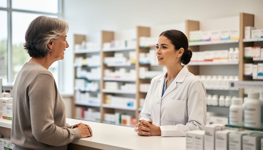 Clean pharmacy counter with healthcare professional items on display, suggesting in-person CBD access