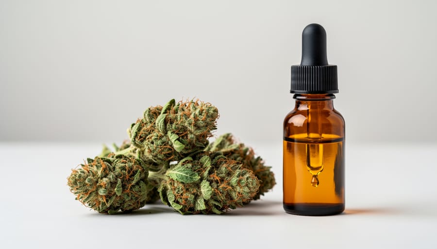 Close-up of cannabis buds with trichomes and an amber dropper bottle on a wooden surface
