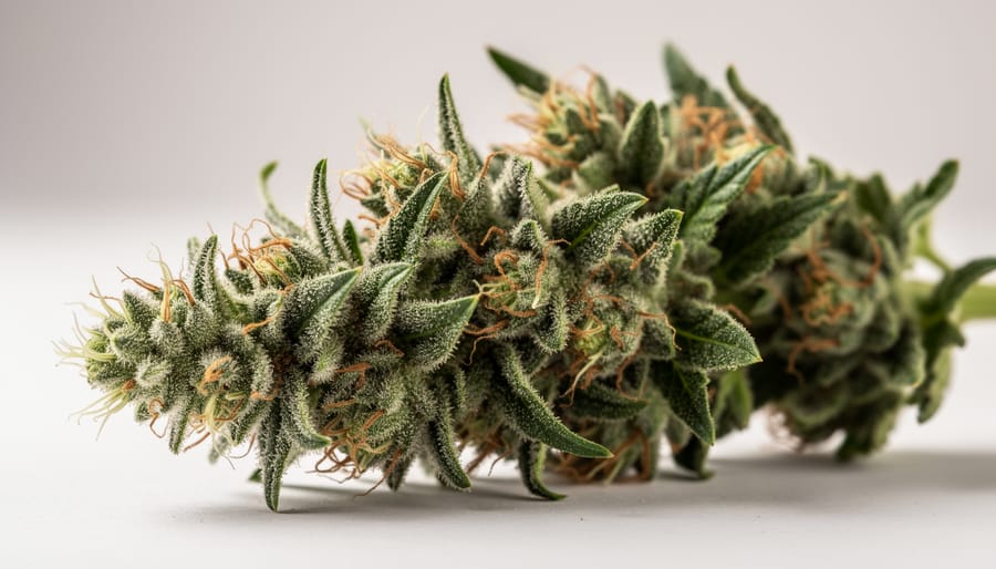 Close-up of detailed hemp flower buds with resin on petals.