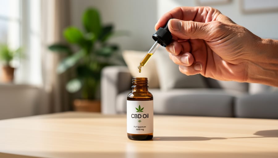 Close-up of hands holding an amber CBD oil bottle and dropper above a countertop