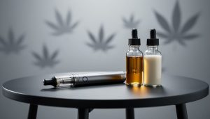 Close-up of a vape device on a tabletop next to two glass dropper vials with different-colored liquids, representing delta-9 THC and CBD.