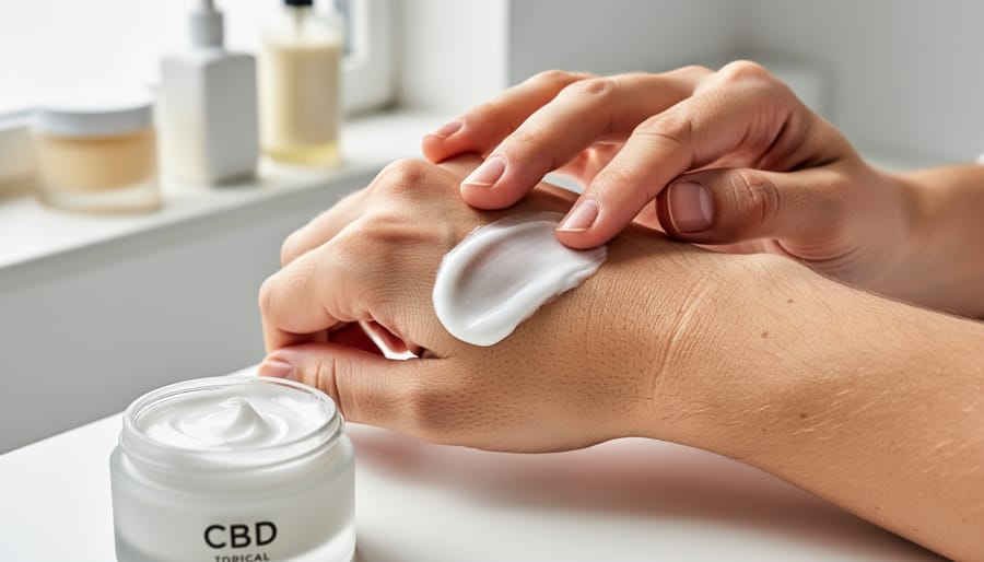 Hand applying a white topical cream to an arm with a CBD cream jar nearby on a bathroom counter