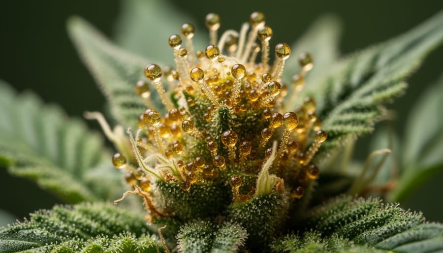 Macro close-up of cannabis trichomes with surrounding green leaves on a dark background.