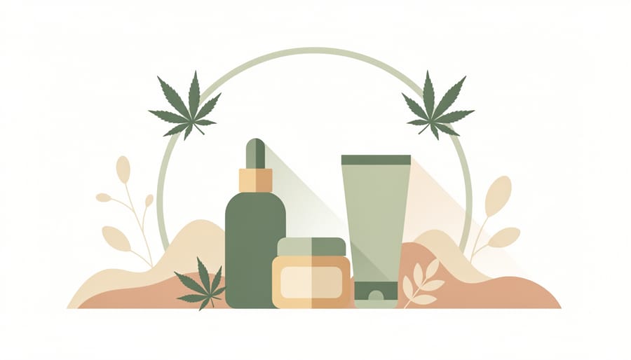 Macro view of fresh green hemp leaves beside a jar of CBD cream on a soft fabric background
