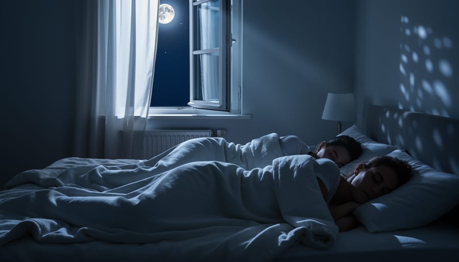 Moonlight-lit bedroom with a sleeping person visible as a silhouette in the foreground