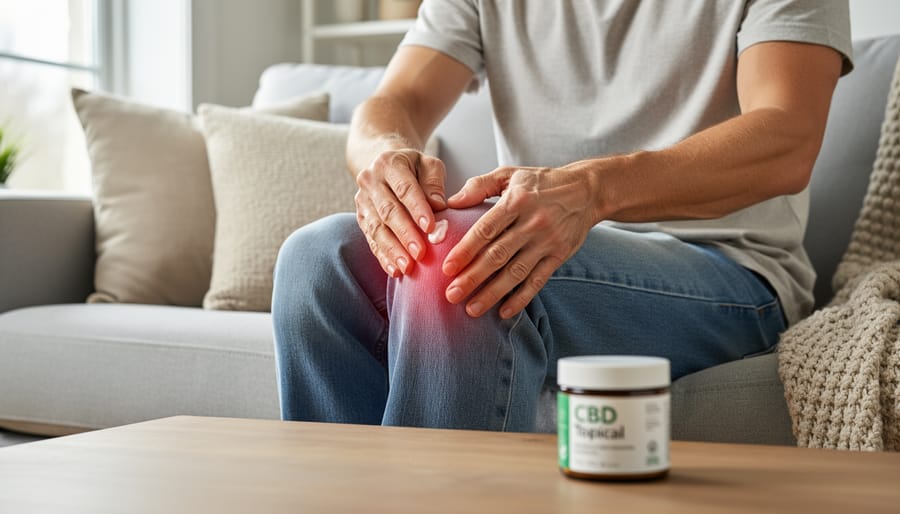 Older adult applying a balm to an aching knee while holding a CBD topical jar