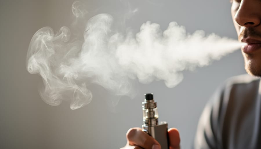 Person exhaling vapor while holding a vape pen indoors, with a vapor cloud visible in side lighting.