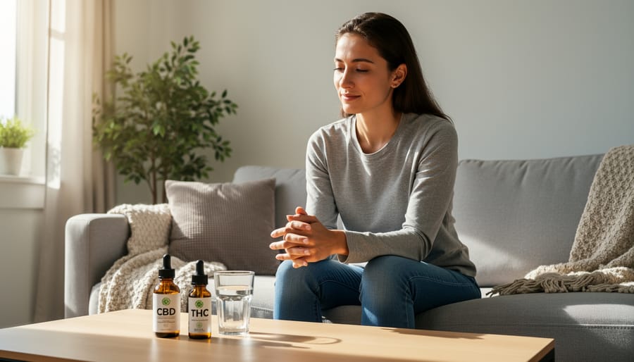 Person holding a vape pen with a calm, relaxed expression in a softly lit living room.