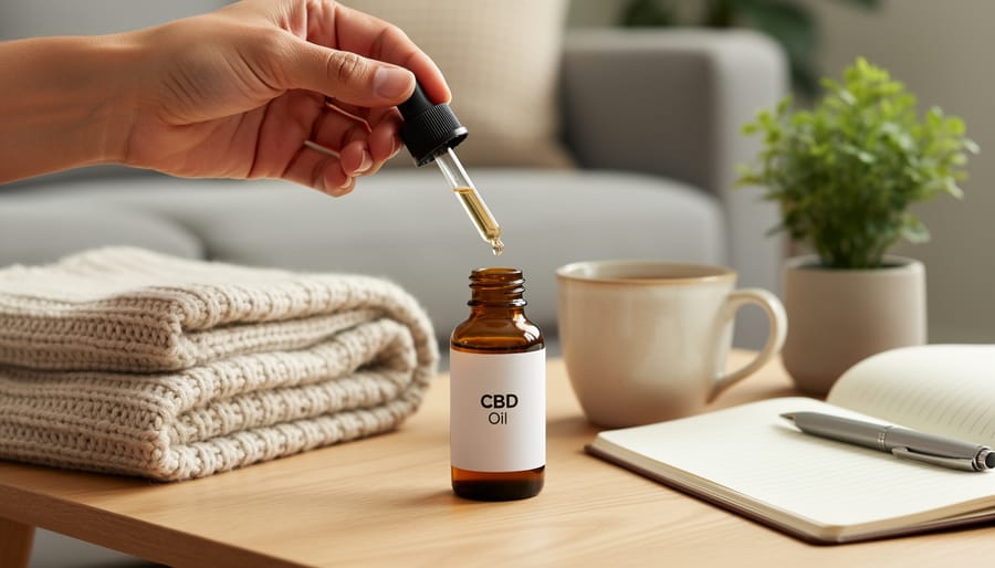 Person holding an amber CBD oil dropper above a glass in a softly lit kitchen setting.