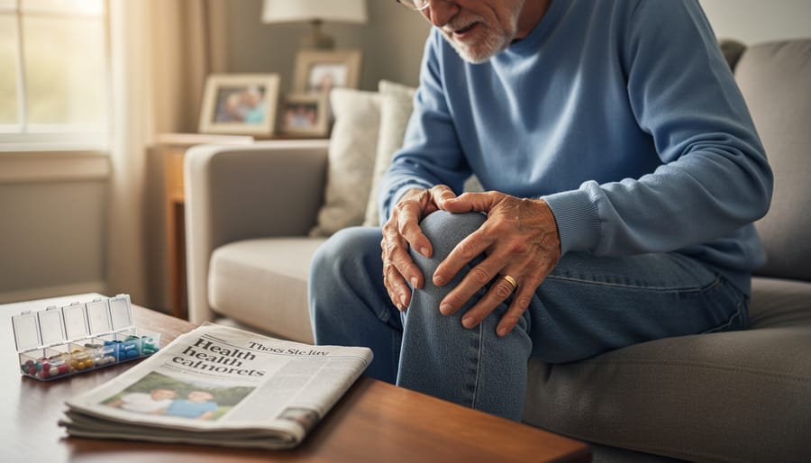 Person sitting with a knee brace resting a hand on their joint in a living room